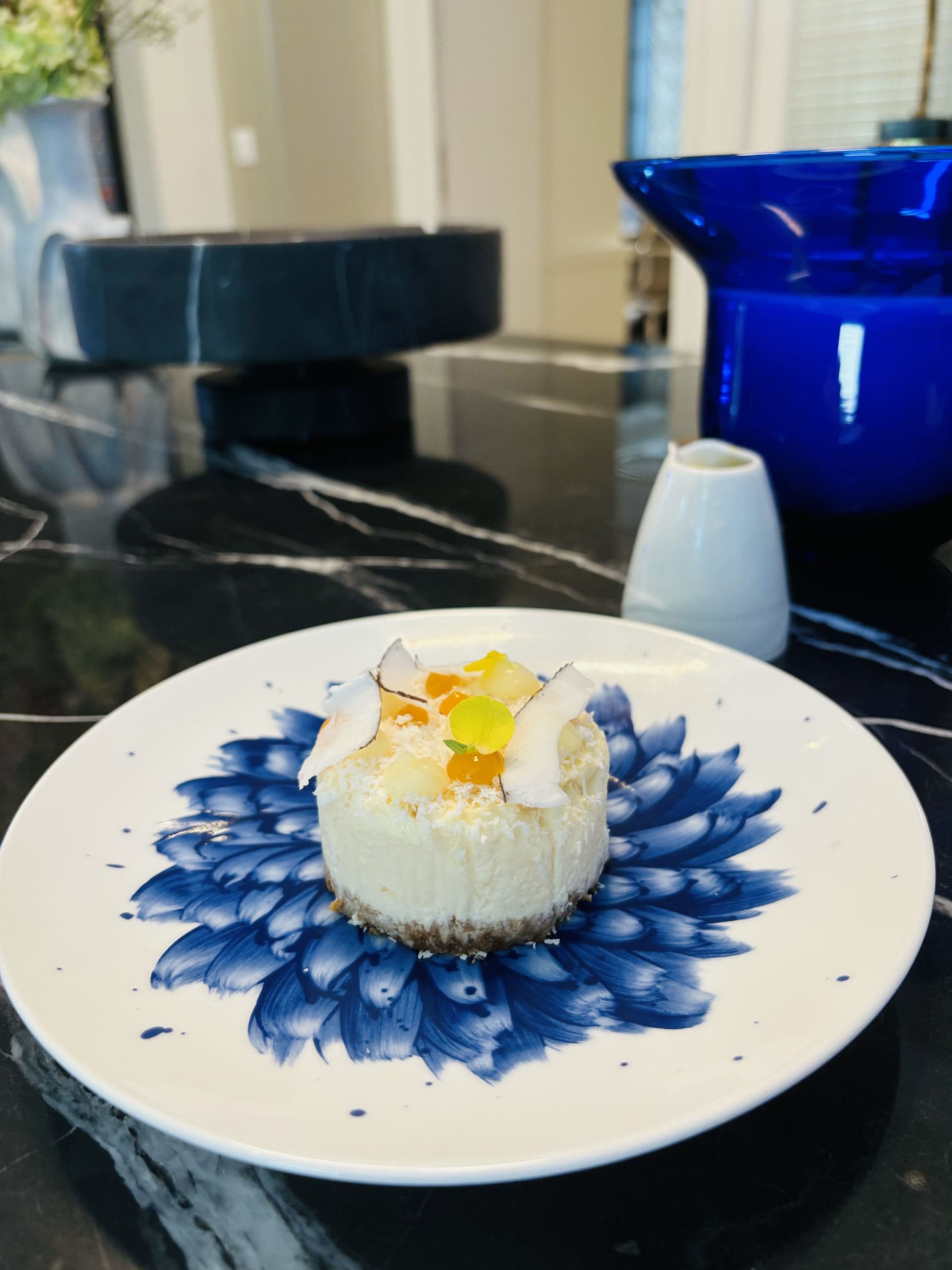 Coconut and passion fruit cheesecake with lemon gel